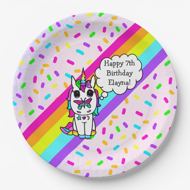 Personalized Unicorn, Rainbow and Butterfly Paper Plates (Front)