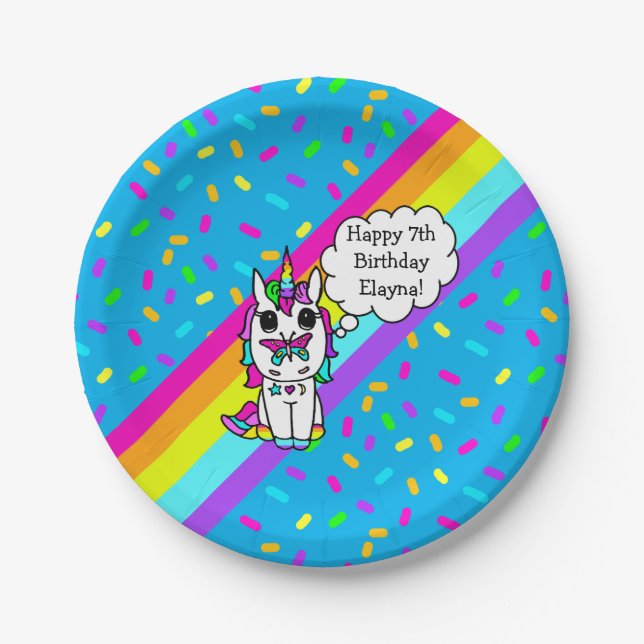 Personalized Unicorn, Rainbow and Butterfly Paper Plates (Front)