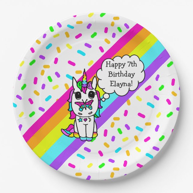 Personalized Unicorn, Rainbow and Butterfly Paper Plates (Front)