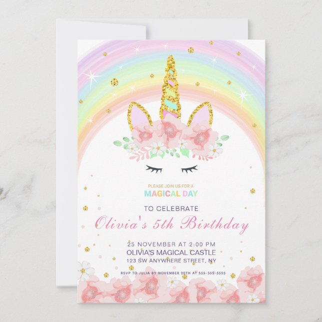 Personalized Unicorn Rainbow Birthday Invitation (Front)