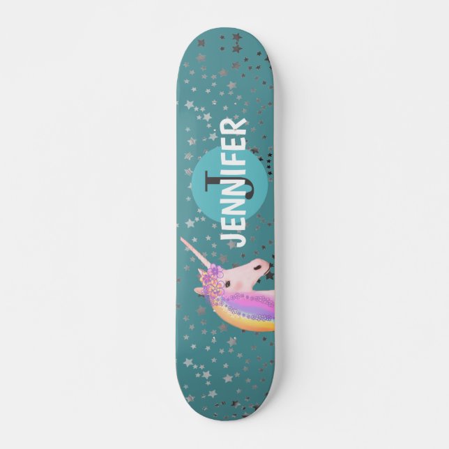 Personalized Unicorn Rainbow Fairytale Monogram Skateboard (Front)