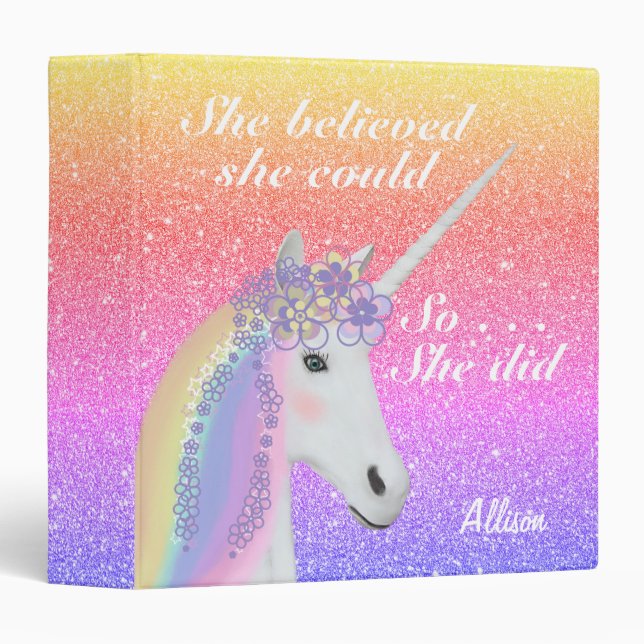 Personalized Unicorn Rainbow Glitter  3 Ring Binder (Front/Spine)