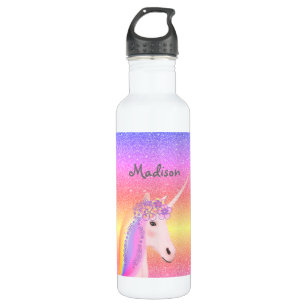 Watercolor Floral Unicorn Personalized Girl Stainless Steel Water Bottle