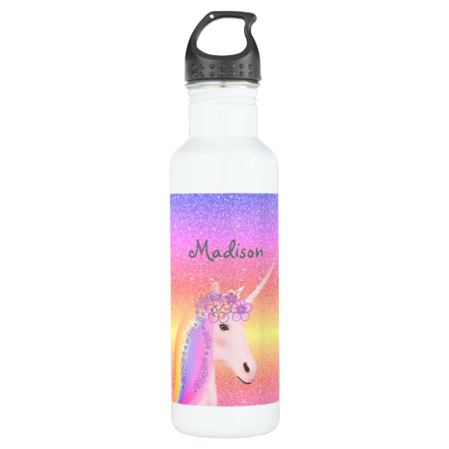 Personalized Unicorn Rainbow Glitter Kids  Stainless Steel Water Bottle (Front)