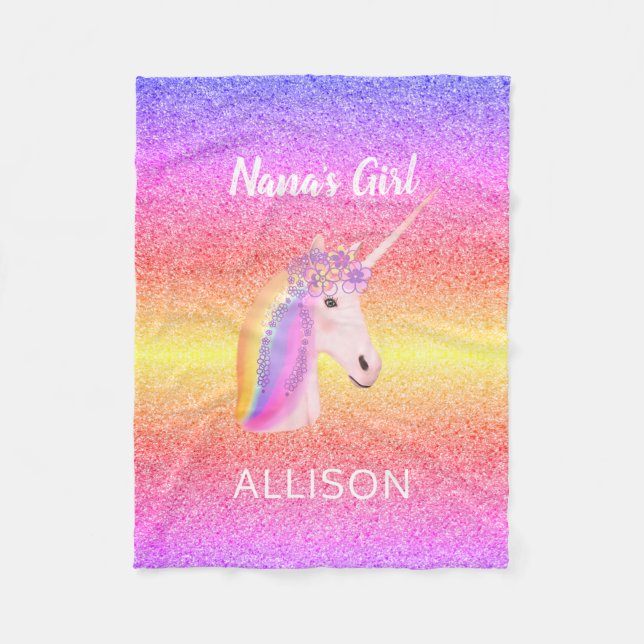 Personalized Unicorn Rainbow Glitter Nanas Girl Fleece Blanket (Front)