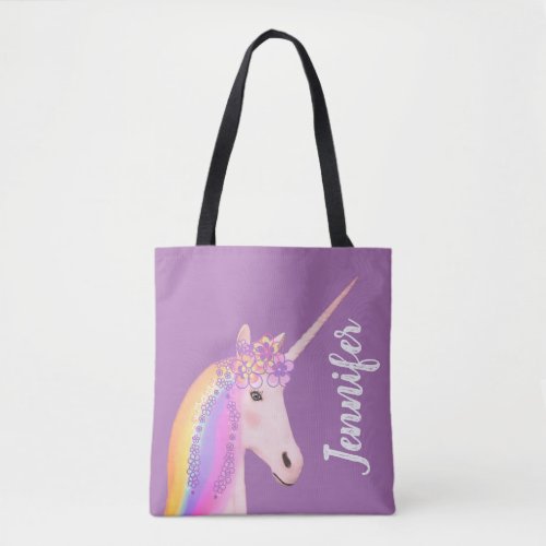Personalized Unicorn Rainbow Pastel Purple Girls Tote Bag