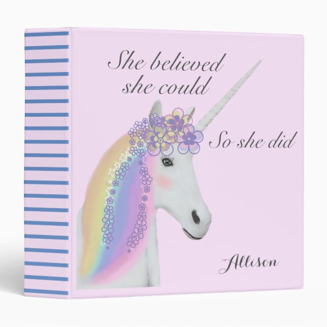 Personalized Unicorn Rainbow Pink Binder (Front/Spine)