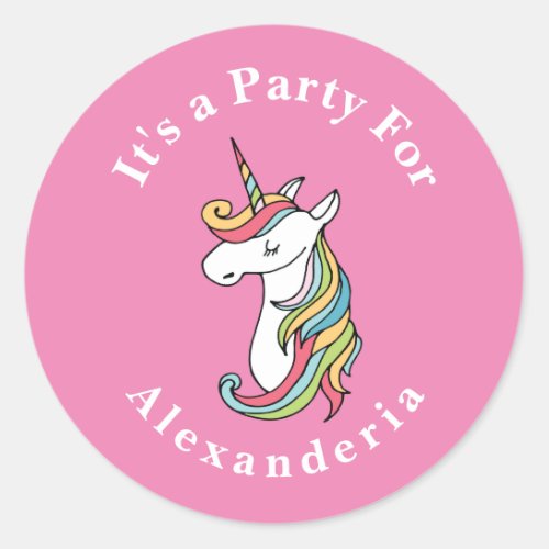 Personalized Unicorn Rainbow pink  Birthday Party Classic Round Sticker