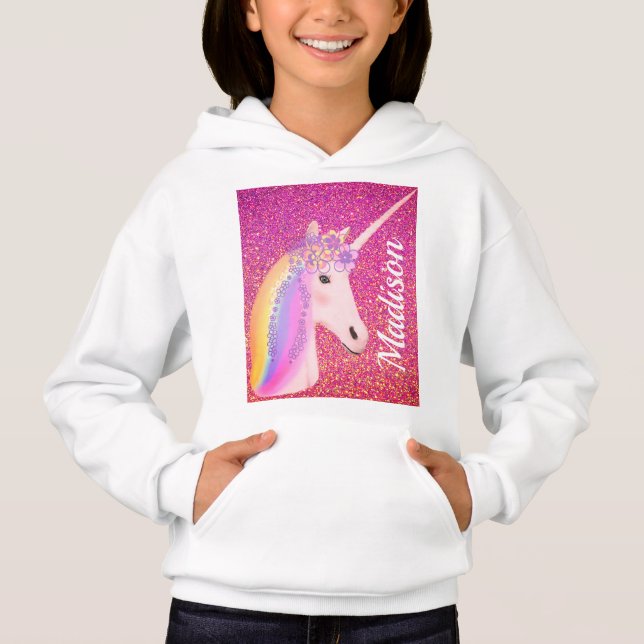 Personalized Unicorn Rainbow Pink Glitter Sparkles Hoodie (Front)