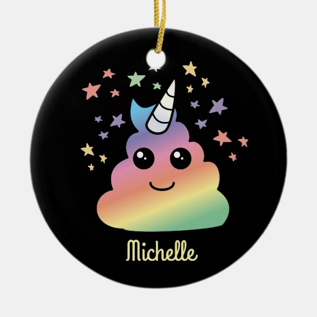 Personalized Unicorn Rainbow Poop Emoji Kawaii Ceramic Ornament (Front)