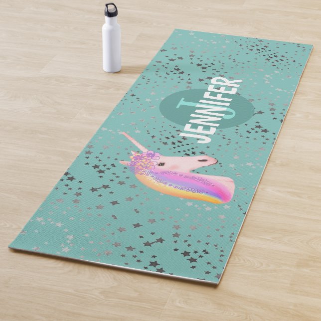 Personalized Unicorn Rainbow Teal Stars Kids Yoga Mat (In Situ)