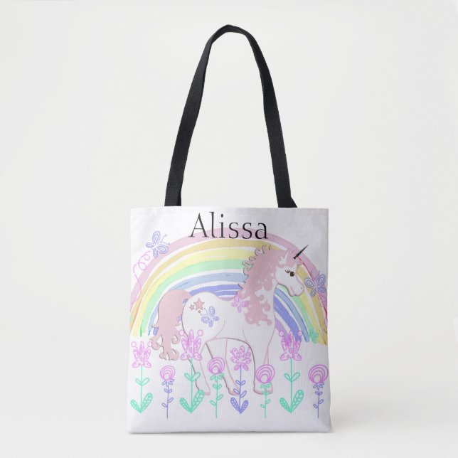 Personalized Unicorn & Rainbows Child's Tote Bag (Front)