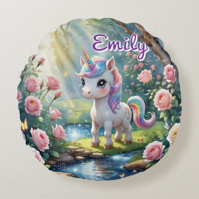 Personalized Unicorn Round Pillow – Rose Forest (Front)