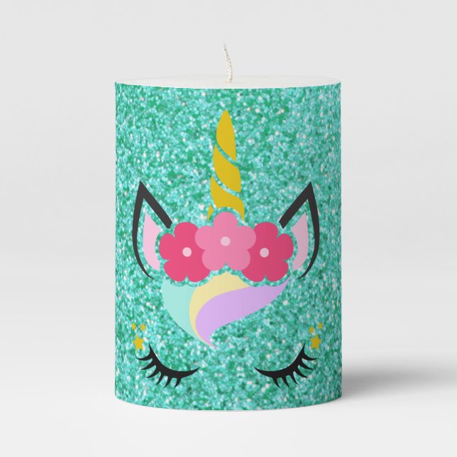 Personalized Unicorn Teal Glitter 3"x4" Candle (Front)