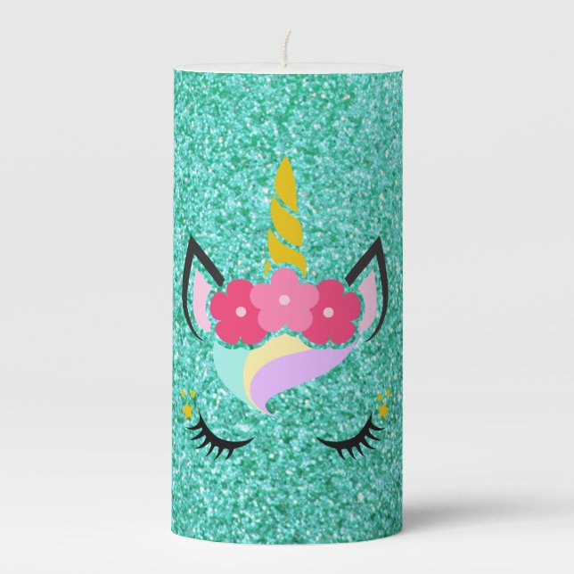 Personalized Unicorn Teal Glitter 3"x6" Candle (Front)