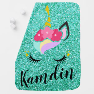 Personalized Unicorn Teal Glitter Baby Blanket