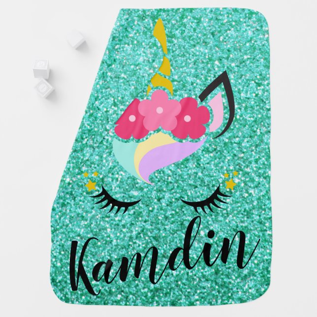 Personalized Unicorn Teal Glitter Baby Blanket (In Situ)