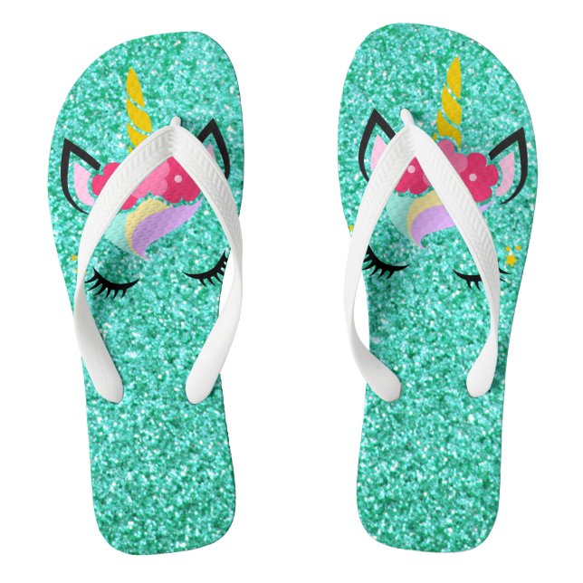Personalized Unicorn Teal Glitter Flipflop Sandals (Footbed)
