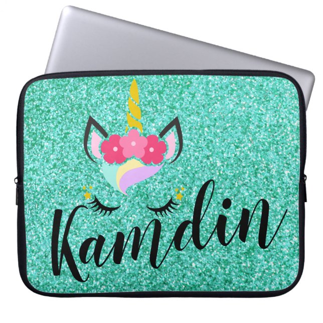 Personalized Unicorn Teal Glitter Laptop Case (Front)
