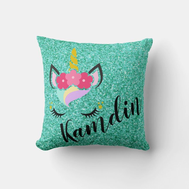 Personalized Unicorn Teal Glitter Pillow (Front)