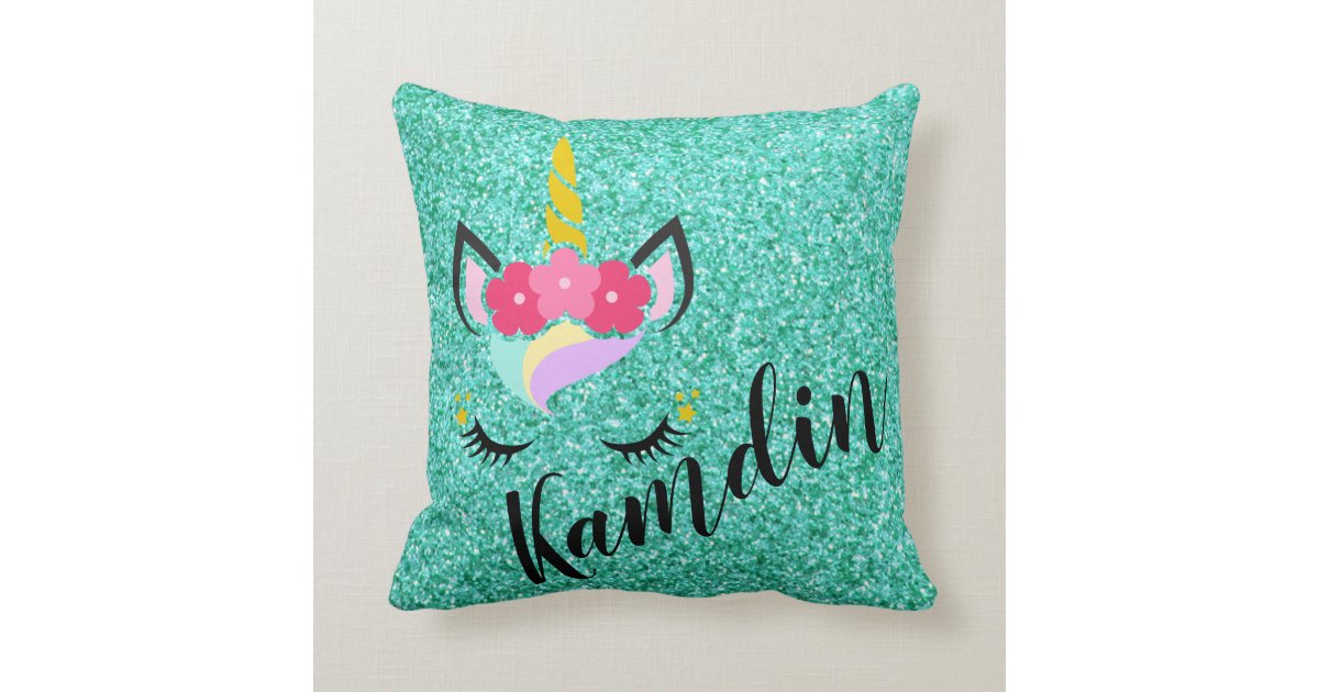 Personalized Unicorn Teal Glitter Pillow