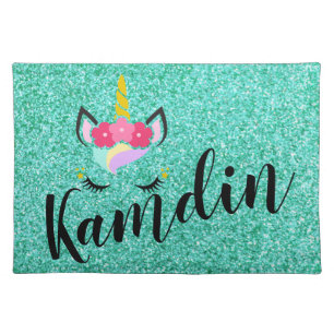 Personalized Unicorn Teal Glitter Placemat