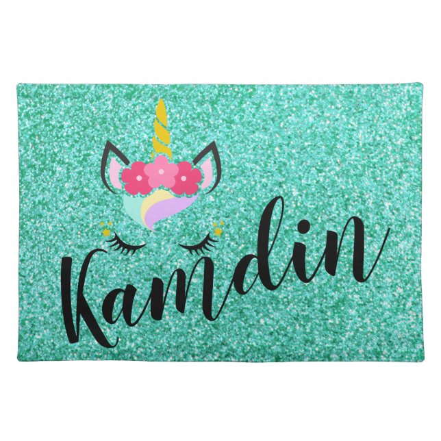 Personalized Unicorn Teal Glitter Placemat (Front)