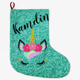 Personalized Unicorn Teal Glitter Stocking