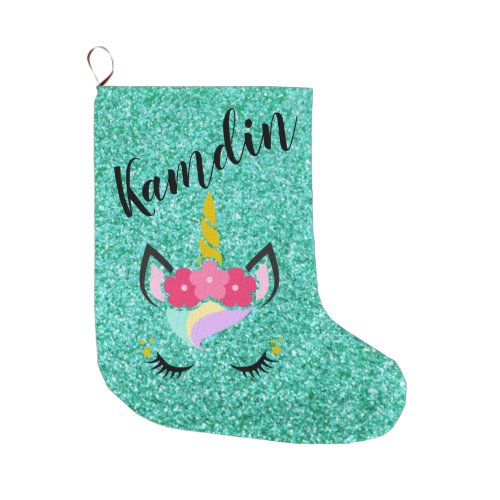 Personalized Unicorn Teal Glitter Stocking