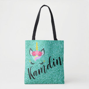 Personalized Unicorn Teal Glitter Tote Bag