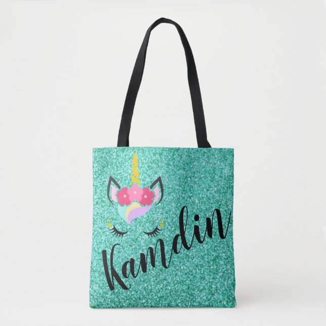Personalized Unicorn Teal Glitter Tote Bag (Front)