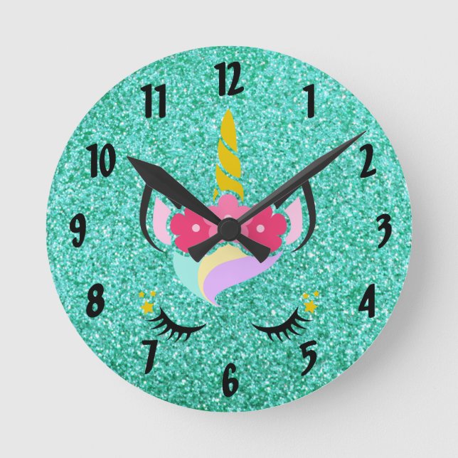 Personalized Unicorn Teal Glitter Wall Clock (Front)