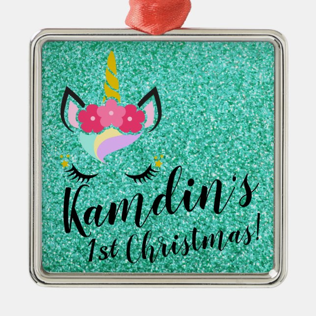 Personalized Unicorn Teal Glitter XMAS Ornament (Front)