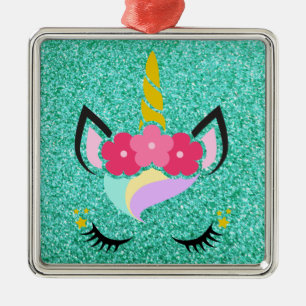 Personalized Unicorn Teal Glitter XMAS Ornament