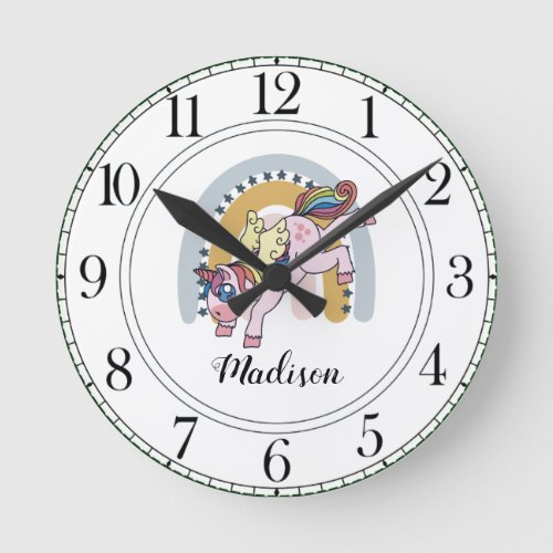 Personalized Unicorn Watercolor Rainbow Round Clock