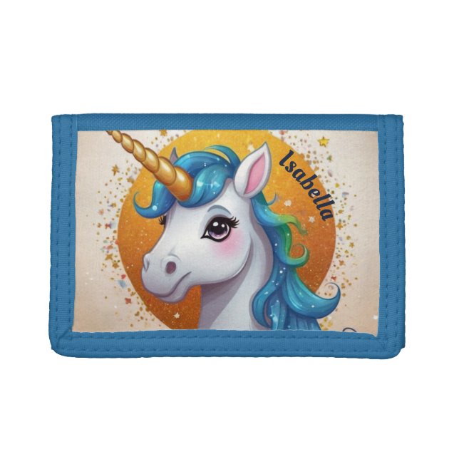 Personalized Unicorn with Blue Mane Trifold Wallet (Front)