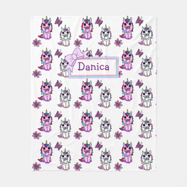 Personalized Unicorn  with Bow Purple Fleece Blanket (Front)