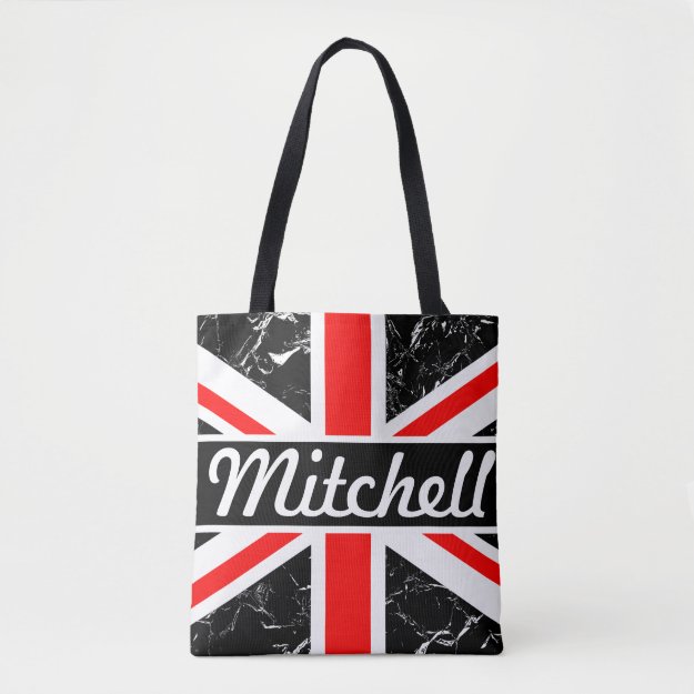 Personalized Union Jack Black Marbled Tote Bag