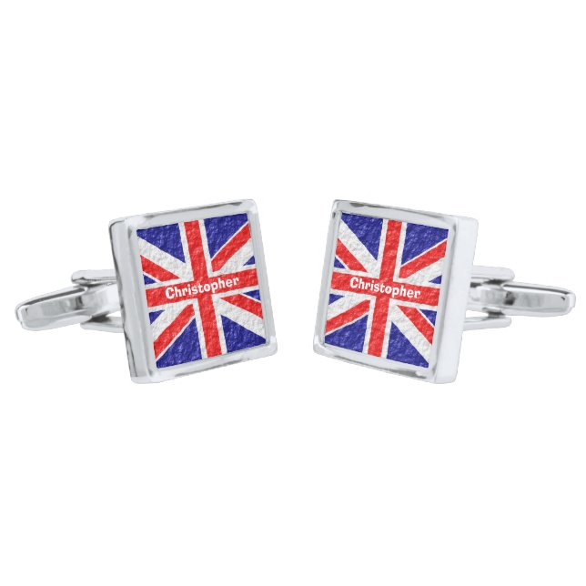 Personalized Union Jack Flag Design Silver Cufflinks (Angled)