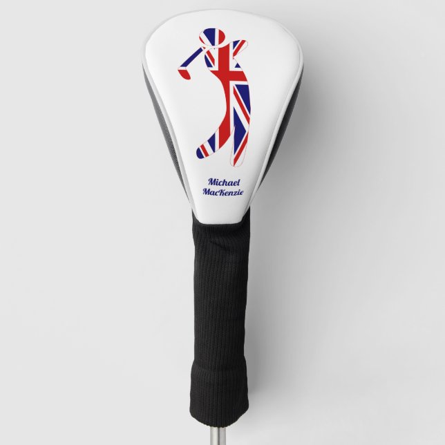 Personalized Union Jack Golfer Silhouette Golf Head Cover (Front)