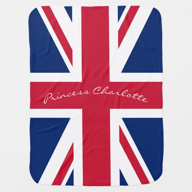 Personalized Union Jack Princess Red White Blue Baby Blanket (Front)