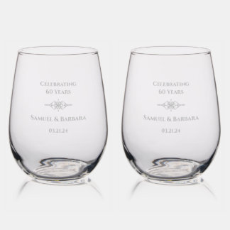 Personalized Unique 60th Diamond Anniversary Gift Stemless Wine Glass