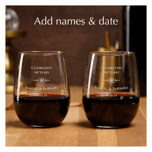 Personalized Unique 60th Diamond Anniversary Gift Stemless Wine Glass