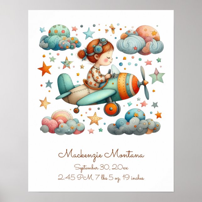Personalized Unique Nursery Art Child Flying Plane Poster (Front)