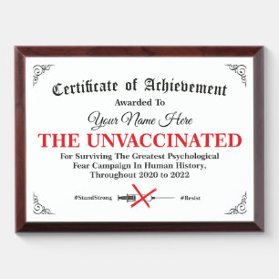 Personalized Unvaccinated Certificate - 2020-2022 Award Plaque