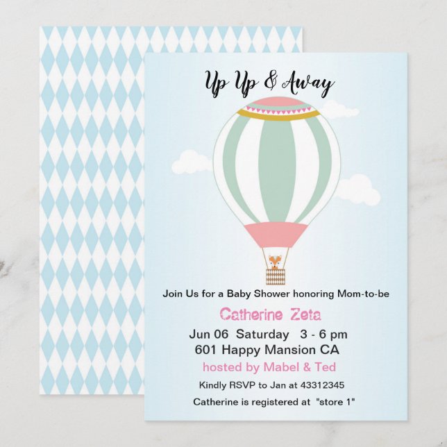 Personalized Up Up Hot Air Balloon Baby Shower Invitation (Front/Back)