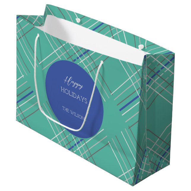 Personalized Urban Green Blue Tartan Large Gift Bag (Front Angled)