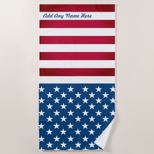 Personalized US Flag Beach Towel - Add any name to this fun and patriotically festive USA flag design beach towel.