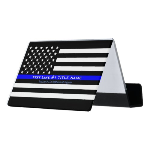 Personalized US Thin Blue Line 2 Lines of Text Desk Business Card Holder