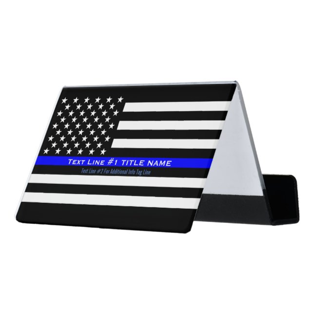 Personalized US Thin Blue Line 2 Lines of Text Desk Business Card Holder (Angled Back)